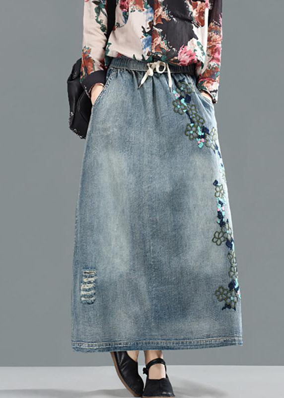 Women Spring Drawstring Hole Embroidery Casual Skirt