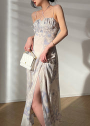 Women Square Collar Print Chiffon Maxi Dresses Sleeveless