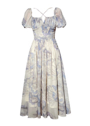 Women Square Collar Print Chiffon Maxi Dresses Sleeveless
