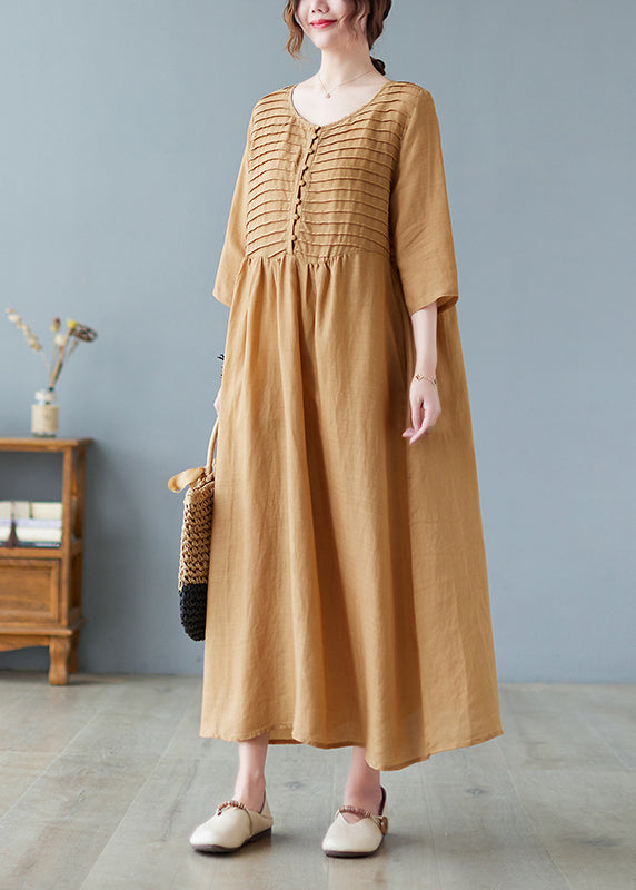 Women Square Neck Pleated Casual Maxi Vintage Dress Yellow
