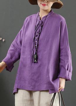 Women Stand Collar Pockets Spring Blouse Work Outfits Purple Blouse - SooLinen