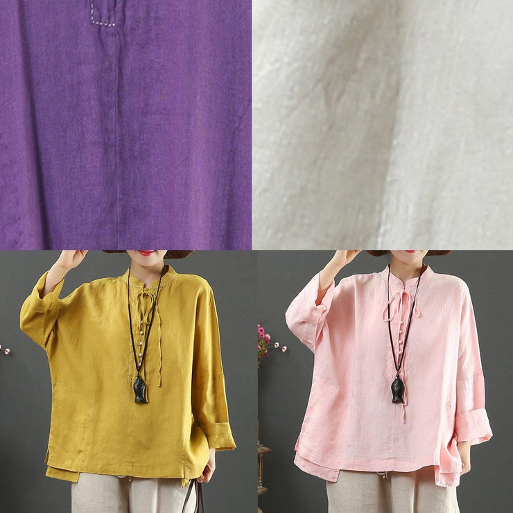 Women Stand Collar Pockets Spring Blouse Work Outfits Purple Blouse - SooLinen