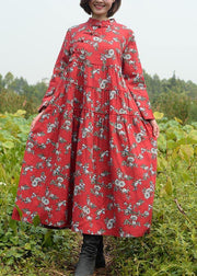 Women Stand Collar large hem Spring Clothes Red Print Long Dresses - SooLinen