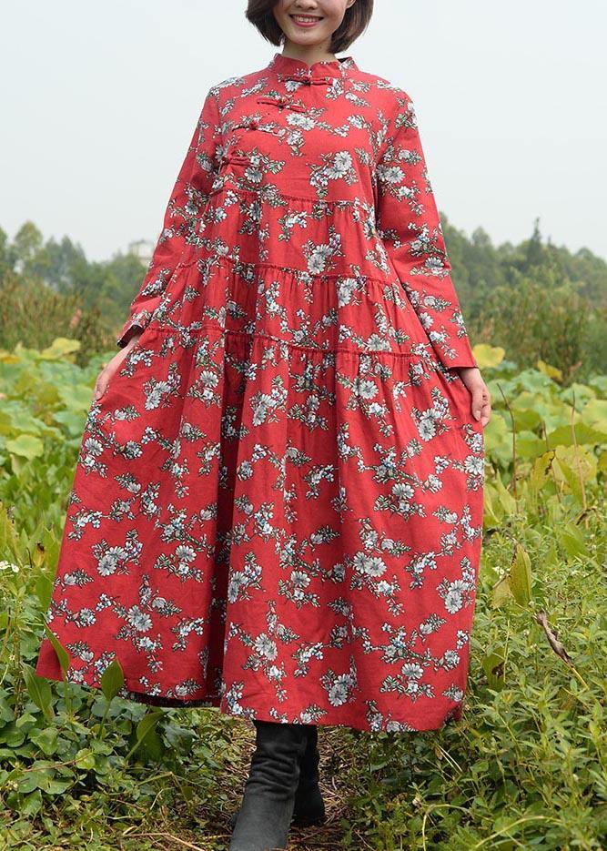 Women Stand Collar large hem Spring Clothes Red Print Long Dresses - SooLinen