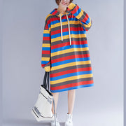 Women Striped Hooded Dresses Female Casual Loose Pullover Dress