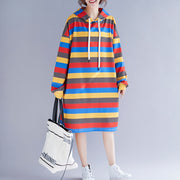 Women Striped Hooded Dresses Female Casual Loose Pullover Dress
