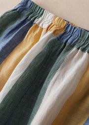 Women Striped Pockets Patchwork Linen Wide Leg Pants Summer
