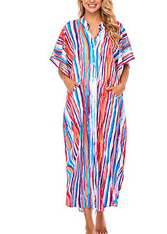 Women Striped Side Open Button Maxi Beach Dress Short Sleeve