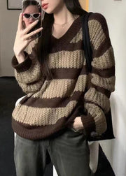 Women Striped V Neck Hollow Out Knit Sweaters Long Sleeve