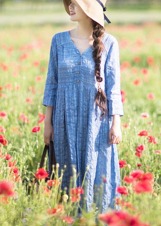 Women Summer Dress Design Blue Striped Dresses - SooLinen