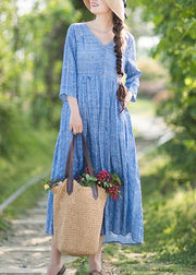 Women Summer Dress Design Blue Striped Dresses - SooLinen