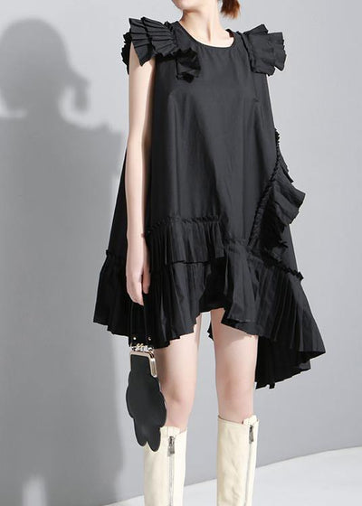 Women Summer Solid Black Sleeveless Pleated Ruffles Ladies Dress - SooLinen