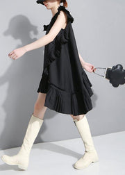 Women Summer Solid Black Sleeveless Pleated Ruffles Ladies Dress - SooLinen