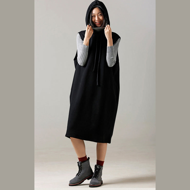Women Sweater weather Refashion fall hooded black Big knitted tops sleeveless