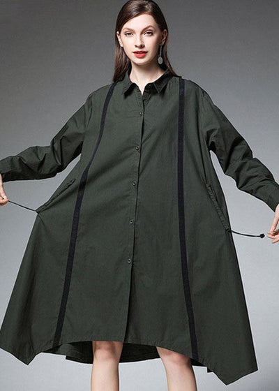 Women Tea Green PeterPan Collar Button Patchwork Fall Cotton Long Shirt - SooLinen