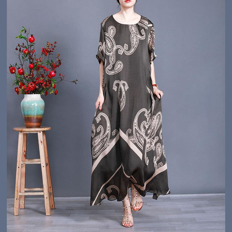 Women Tea Green Print Loose Silk Dress Summer - SooLinen