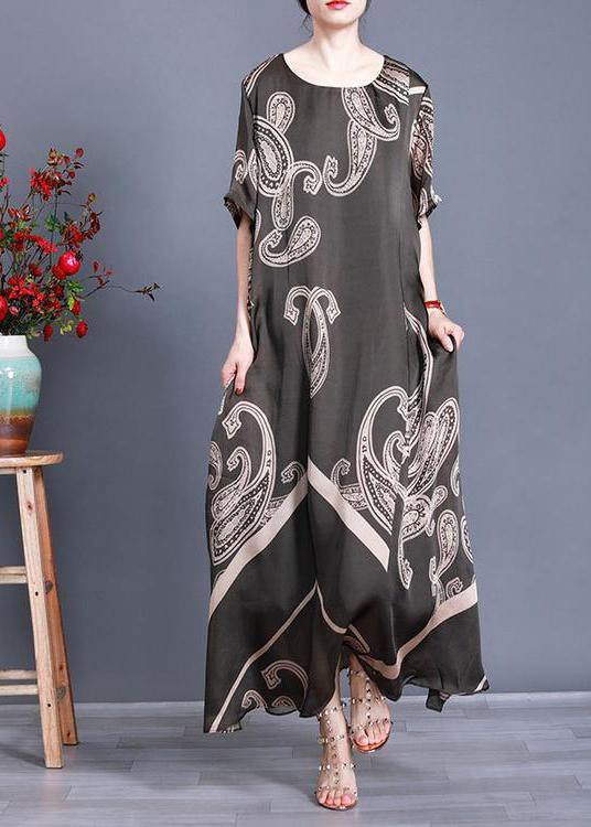 Women Tea Green Print Loose Silk Dress Summer - SooLinen