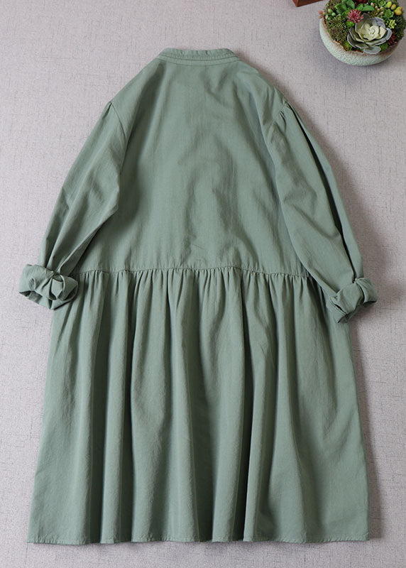 Women Tea Green Ruffled Button Cotton Dress Long Sleeve