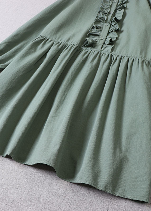 Women Tea Green Ruffled Button Cotton Dress Long Sleeve
