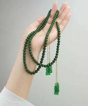 Women Tea Green Sterling Silver Overgild Jade Beading Double Happiness Tassel Pendant Necklace