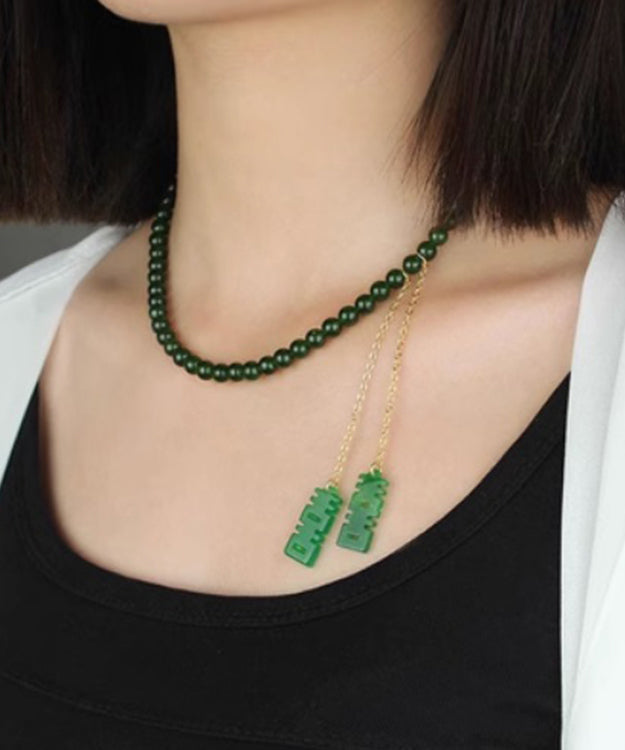 Women Tea Green Sterling Silver Overgild Jade Beading Double Happiness Tassel Pendant Necklace