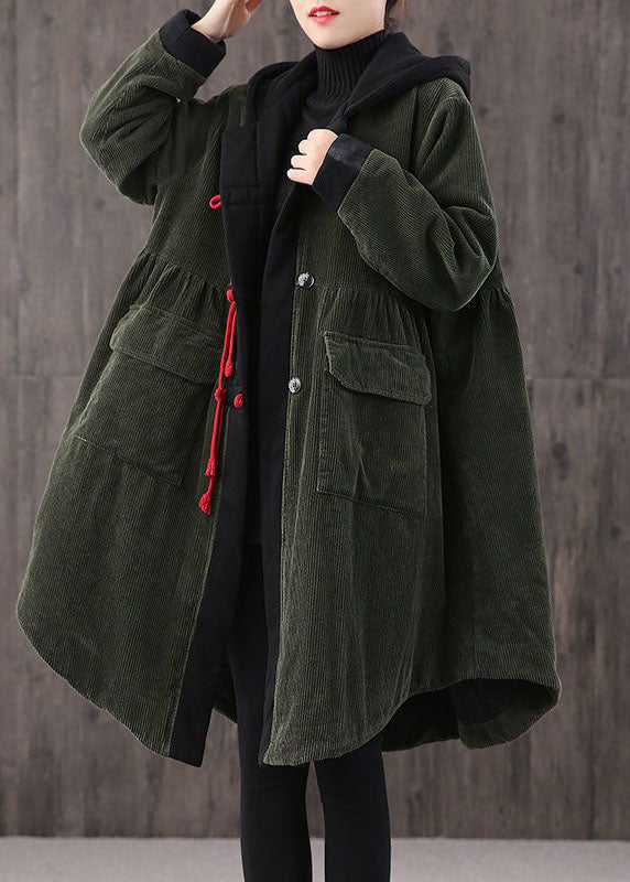 Frauen Teegrün mit Kapuze Knopf Taschen Patchwork Winter Baumwolle Parka Langarm Mantel