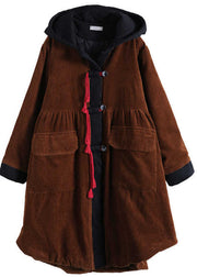 Frauen Teegrün mit Kapuze Knopf Taschen Patchwork Winter Baumwolle Parka Langarm Mantel