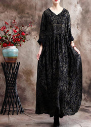 Luxy V Neck Black Print Silk Satin Dresses - SooLinen
