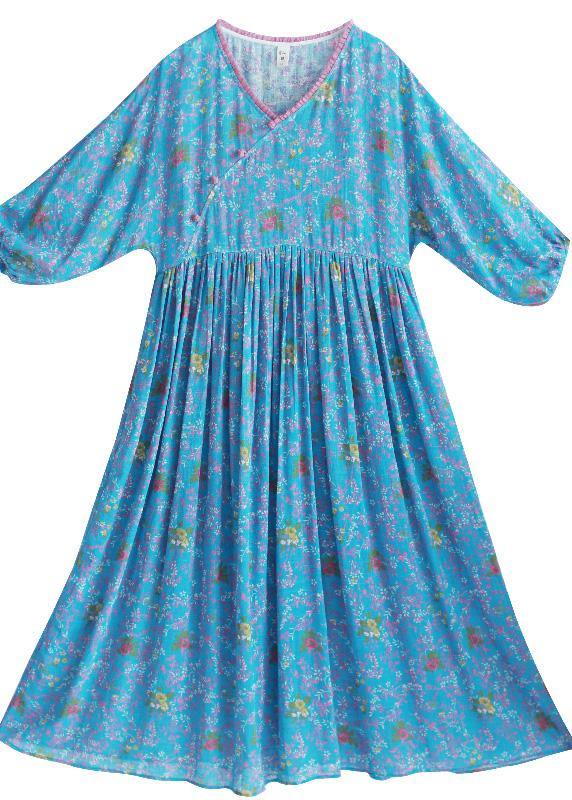 Women V Neck Cinched Spring Clothes Runway Blue Print Robes Dress - SooLinen
