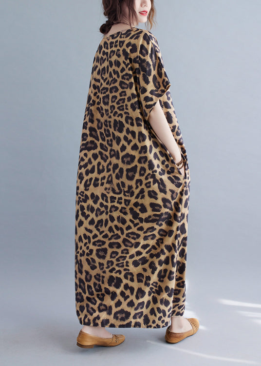 Women V Neck Leopard Print Silk Long Dresses Summer