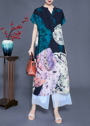 Women V Neck Original Design Print Silk Long Dress Summer