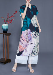 Women V Neck Original Design Print Silk Long Dress Summer