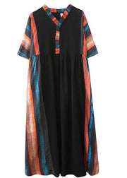 Women V Neck Patchwork Summer Dress Outfits Multicolor Striped Maxi Dress - SooLinen