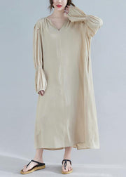 Women V Neck Spring Clothes Tunic Khaki Maxi Dress - SooLinen