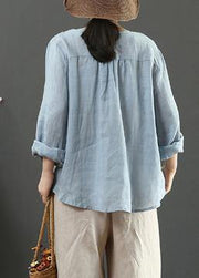 Women V Neck Spring Tunic Pattern Work Blue Embroidery Blouses - SooLinen