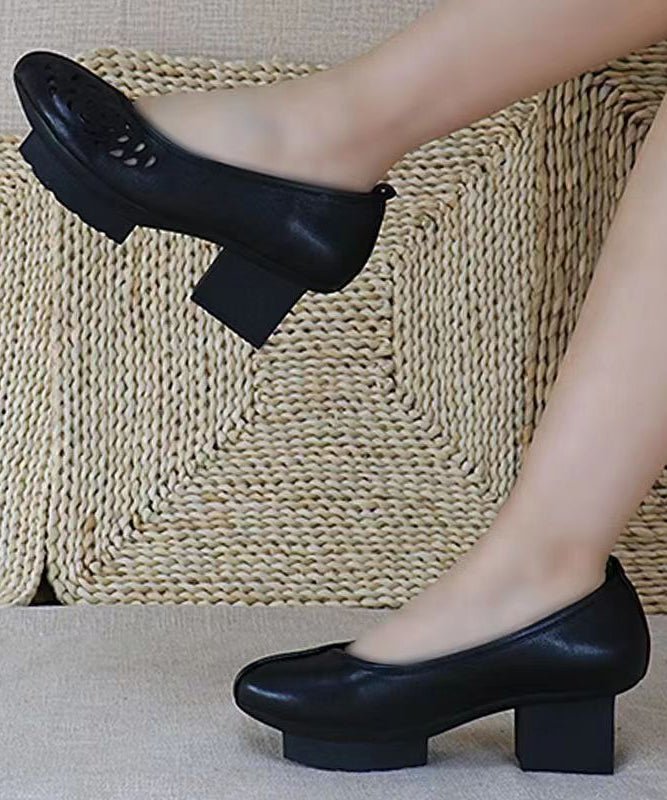Women Vintage Chunky Heel Black Cowhide Leather Hollow Out