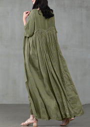 Damen Vintage Baumwolle Einfarbig Falten Halbarm Swing Maxi Kleider
