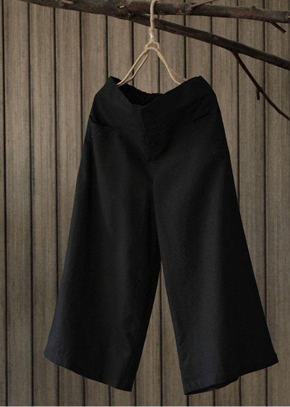 Women Vintage Solid Elastic Waist Wide Leg Pants with Pockets - SooLinen