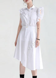 Women White Asymmetrical Design Pockets Blouse Top - SooLinen