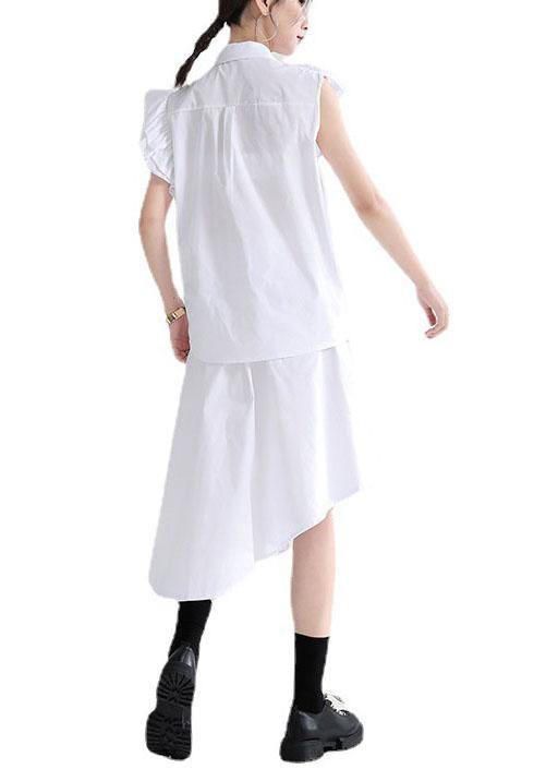 Women White Asymmetrical Design Pockets Blouse Top - SooLinen