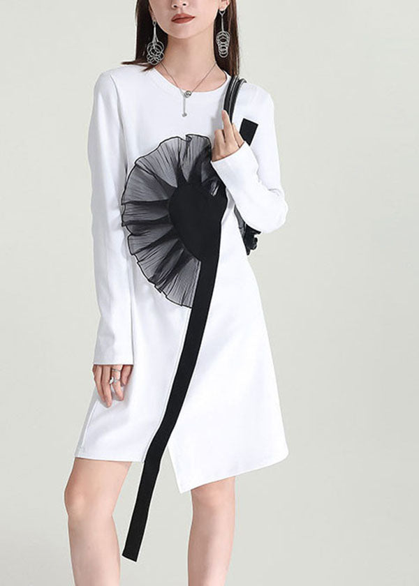 Women White Asymmetrical Patchwork Applique Cotton Dresses Fall