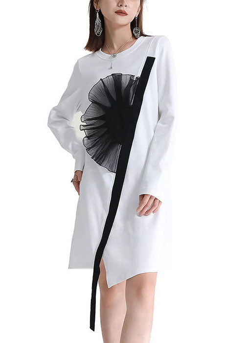 Women White Asymmetrical Patchwork Applique Cotton Dresses Fall