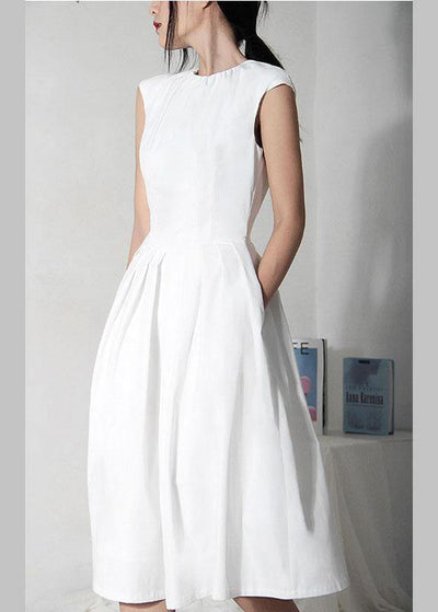 Women White Cinched Sleeveless Holiday Summer Cotton Dress - SooLinen
