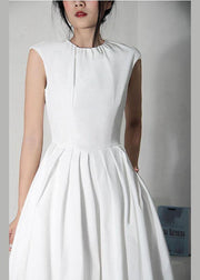 Women White Cinched Sleeveless Holiday Summer Cotton Dress - SooLinen