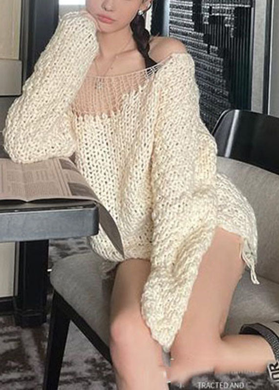 Women White Cold Shoulder Hollow Out Sexy Knit Sweater Tops Spring