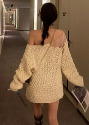 Women White Cold Shoulder Hollow Out Sexy Knit Sweater Tops Spring