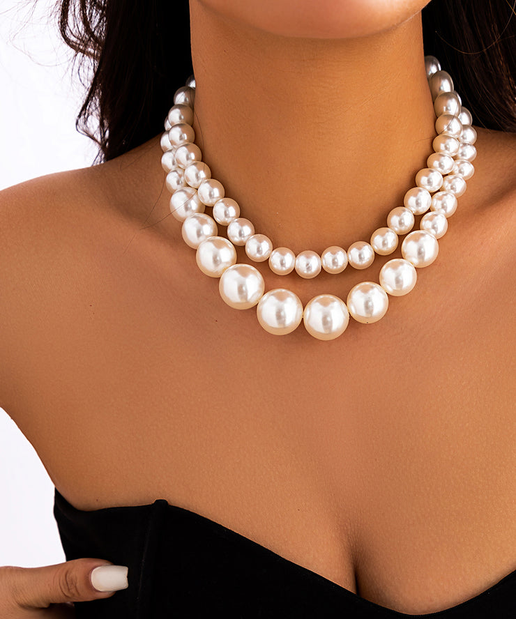 Women White Double Layered Pearl Detachable Collar Necklace
