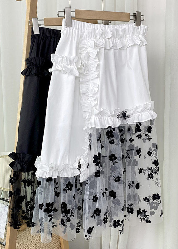 Women White Embroidered Floral Elastic Waist Asymmetrical Patchwork Tulle A Line Skirt Summer