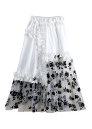 Women White Embroidered Floral Elastic Waist Asymmetrical Patchwork Tulle A Line Skirt Summer