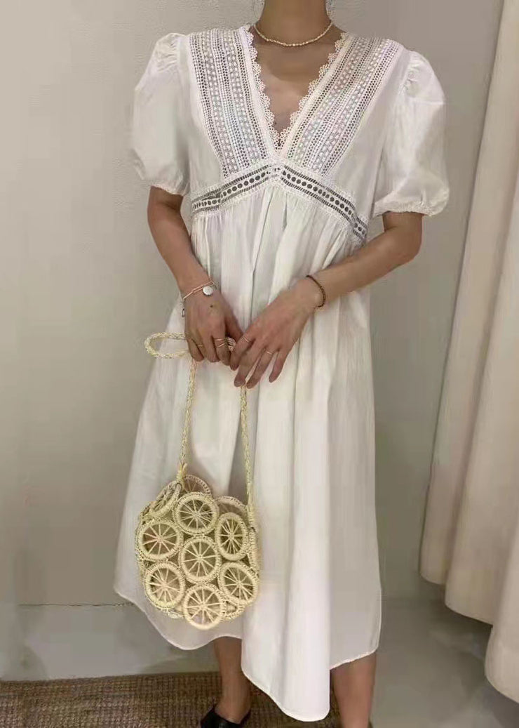 Women White Embroidered Hollow Out Patchwork Cotton Dress Puff Sleeve